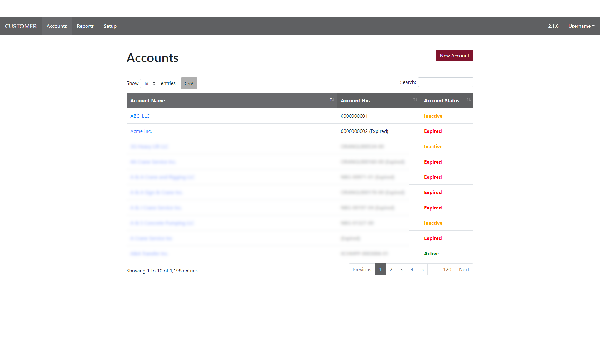 table of accounts